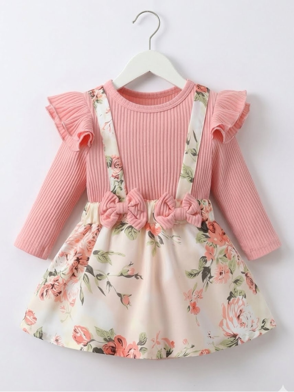 Floral Pink Baby Dress with Ruffles & Suspenders - Size 60 (3-6M)